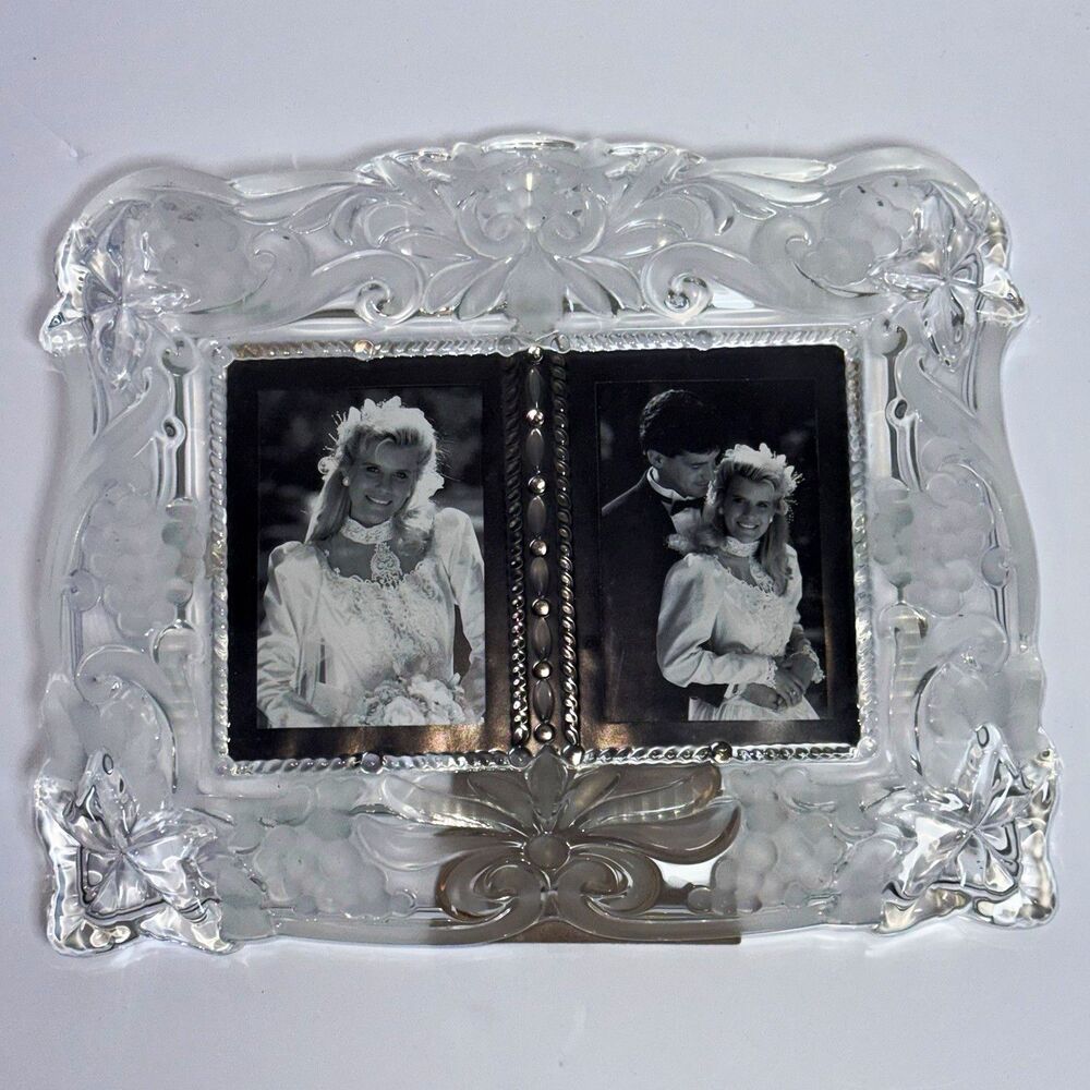 Clear Glass Wedding Ornate Floral Double Picture Frame, 2x 4x6, Freestanding